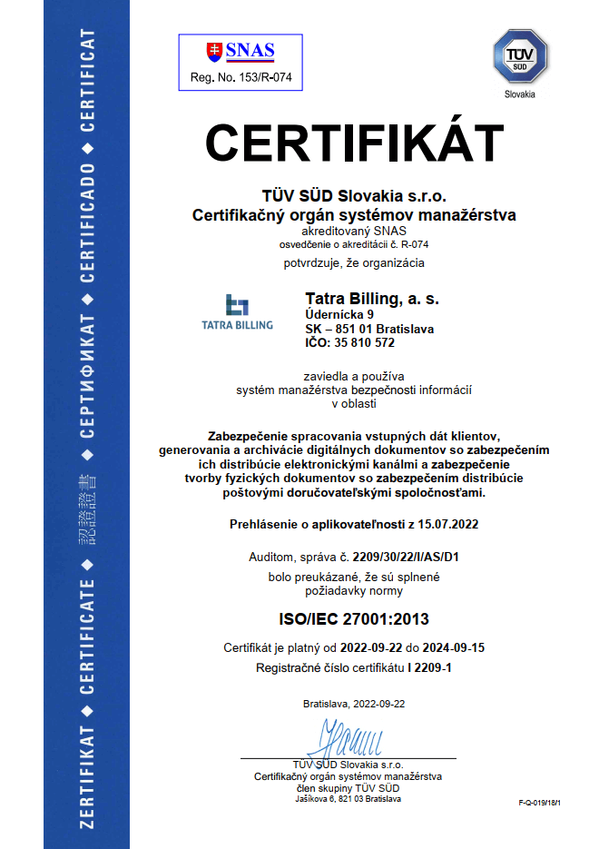 Tatrabilling ISO/IEC 27001 TUV SUD